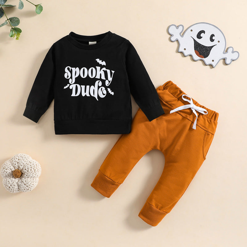 Toddler Boys Halloween Outfit Short Sleeve Round Neck Pumpkin Spider Print Tee with Jogger Pants and Hat Set