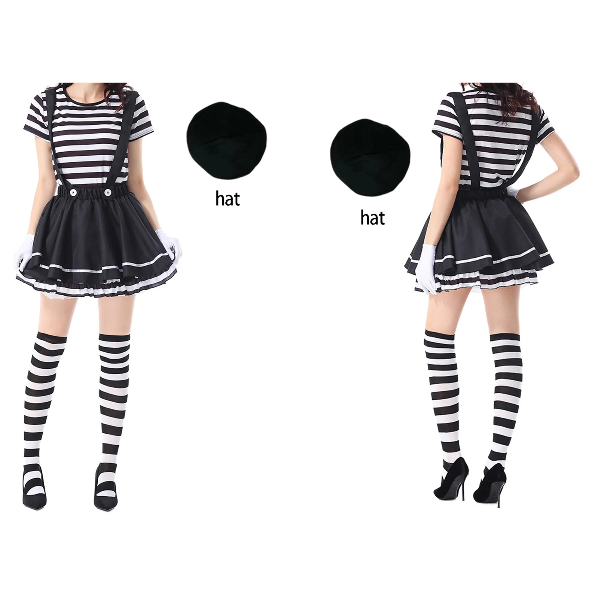 Women Clown Costumes Black White Striped Tops Suspender Skirt Gloves and Hat Set Halloween Cosplay Outfit