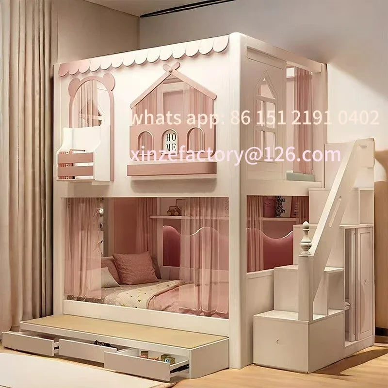 Customizable girl princess bunk bed two-story high-low sister high guardrail slide elevated bed