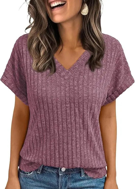 Women's Clothing Europe America All-match Knit T-shirt Summer 2025 New Casual Loose V-neck Short Sleeve Pullover Lady Solid Tops
