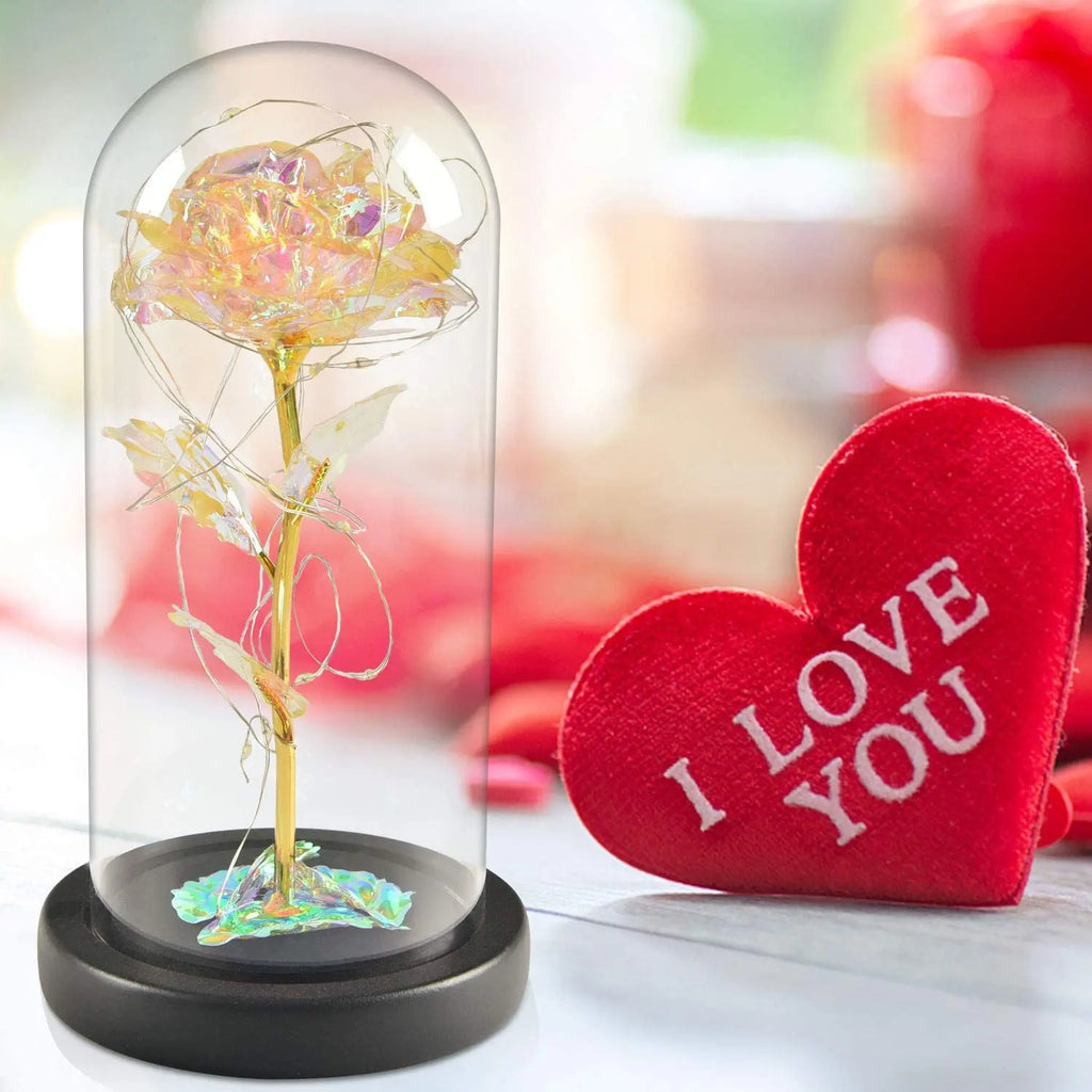 Artificial Glass Flower with Eternal Rose of the LED Light for Women Beauty and Beast Rose Birthday Gifts for Girls Christmas