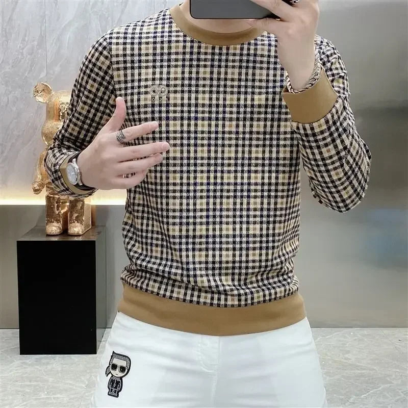 Men's Clothing New Rock Tight Top Slim Fit T Shirt for Man Sweatshirts Plaid Pullover High Quality Polyester Sale A Streetwear F