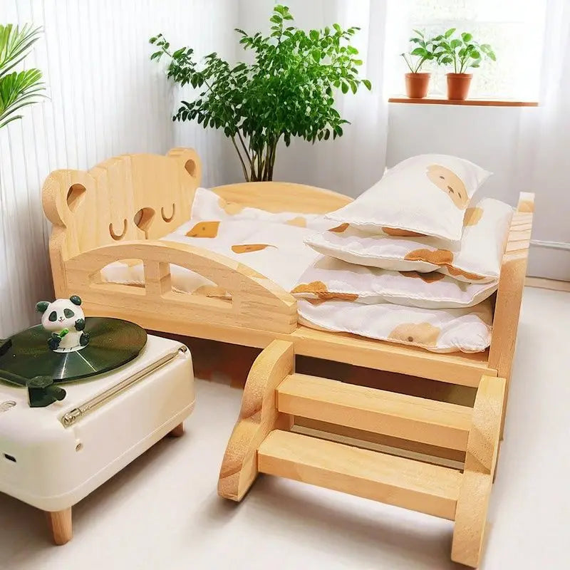 for Labubu Cotton Doll Bed 30cm Princess Style Furniture Set for Imaginary Play Baby Doll Bedding Two-Piece Wooden Baby Bed Toy