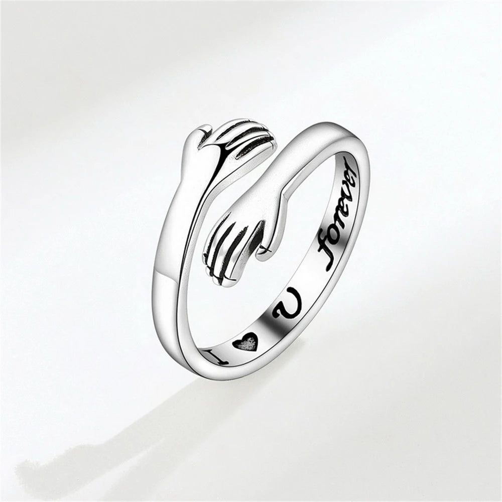 Vintage Silver Color Love Hugging Hands Couple Ring For Men And Women Always With You Forever Adjustable Open Cuff Rings Jewelry