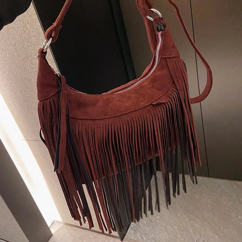 JIEROTYX Decor Fringe Trim Crossbody Purse Bag for Women Vintage Tassel Faux Suede Handbag Messenger Shoulder Bags