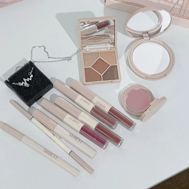 QIBEST Face Makeup Set 4pc Double End Lip Glaze, Pressed Powder,Blush,Eyeshadow, Eyebrow Pen,Eyeliner,Lip Oil Gift Cosmetics