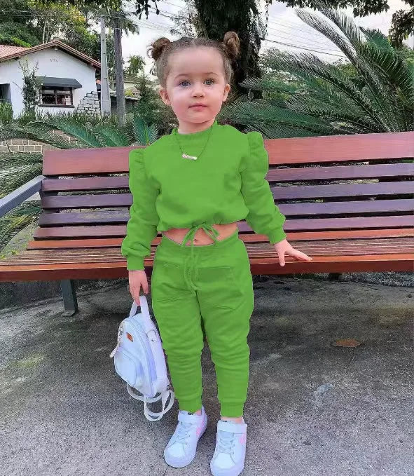 Children's Kids Girls Fall Clothing Outfits Solid Color Long Sleeve Crop Tops+Sport Pants Trousers Fashion Clothes Sets 1-7Y