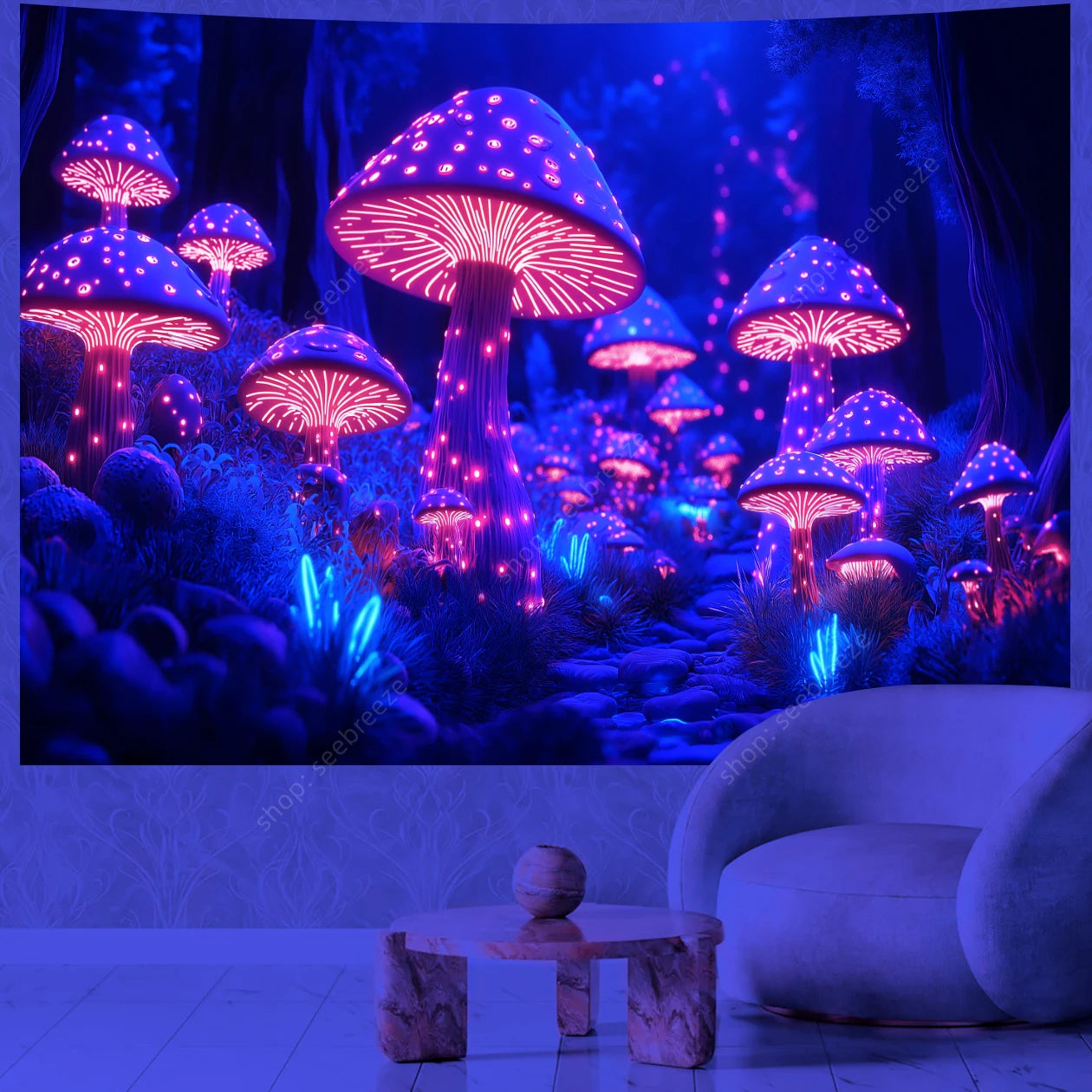 Fantasy Mushroom UV Reactive Tapestry Beautiful Floral Plant Tapestry Wall Hanging Gothic Home Wall Decor Room Decor Aesthetic