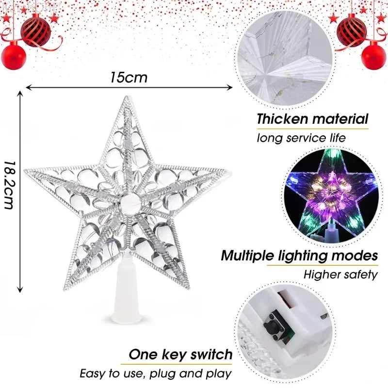 15cm Xmas Tree Topper Star Glowing Christmas Five-pointed Star Ornament with LED Light Colorful Shining Lamp Home Decor