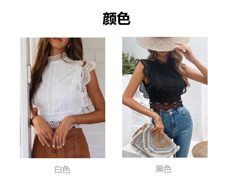 Summer Sexy Lace Hollowing Out Top Woman's Fashion Solid Color O-neck Sleeveless Blouses Ladies Foreign Styl Versatile Shirts