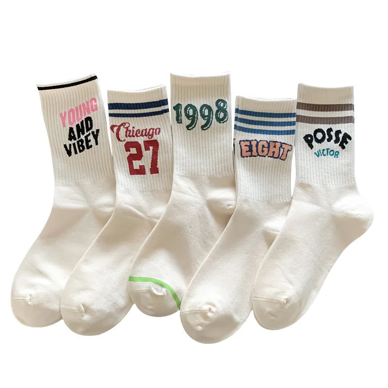 5 pairs of sports socks for women in autumn winter with striped letters sweat absorbing odor proof retro women's socks