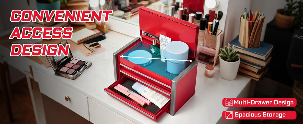 Geinxurn Mini Tool Box, Red Portable 3 or 5 Drawer Micro Roll Cab Steel Stackable Tool Cases with Magnetic Tab Locking