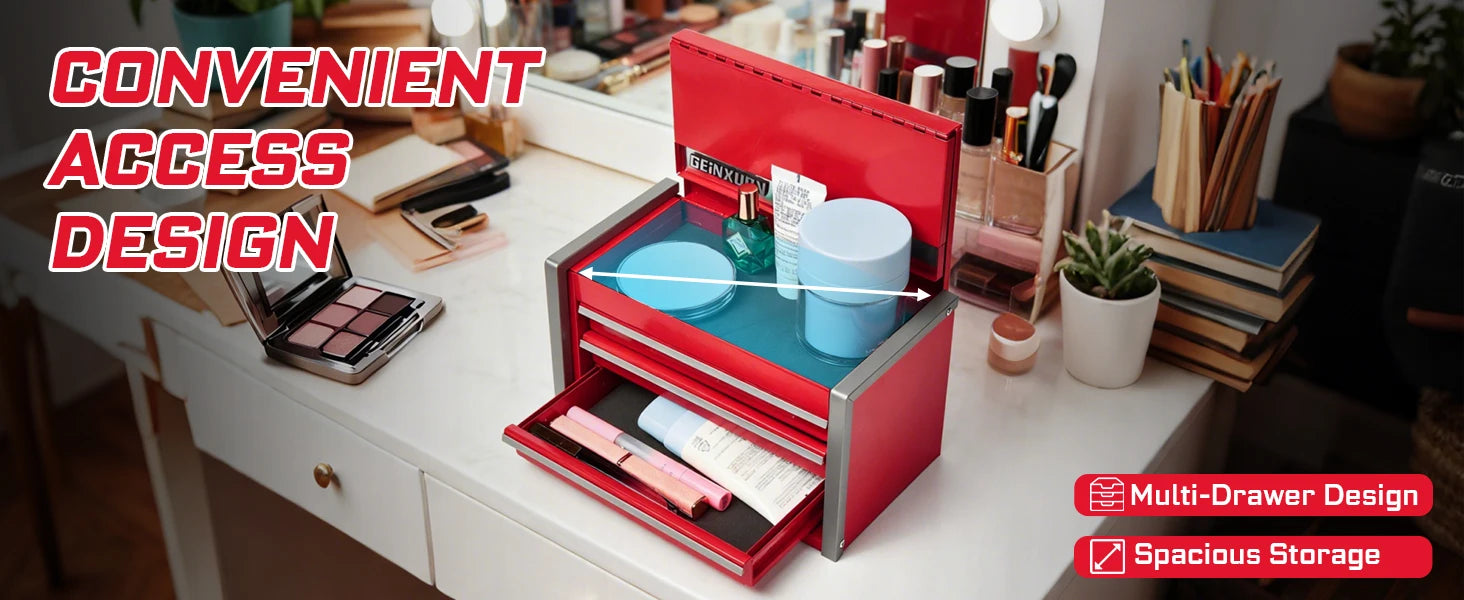 Geinxurn Mini Tool Box, Red Portable 3 or 5 Drawer Micro Roll Cab Steel Stackable Tool Cases with Magnetic Tab Locking