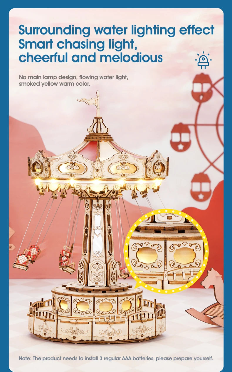Robotime Rokr Swing Ride DIY Music Box Building Block Amusement Park Series for Kids Adults Gift Easy Assembly 3D Wooden Puzzle