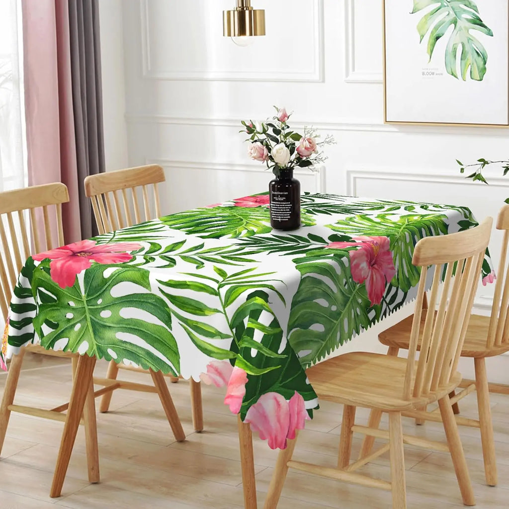 Green Palm Leaves Tropical Flowers Tablecloth Picnic Party Decor Summer Hawaiian Plants Rectangle Table Cloth Dining Table Decor