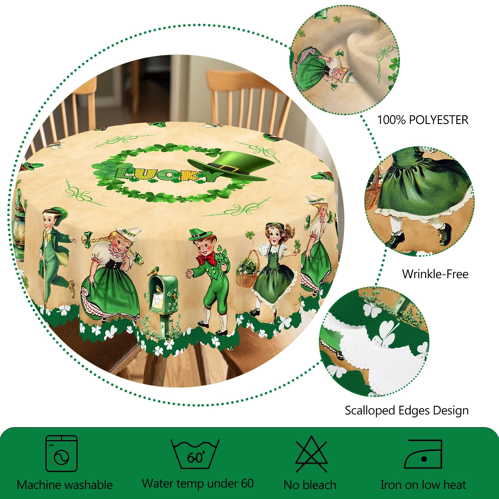 1 Piece of St. Patrick's Day Square Tablecloth, 5 Sizes Available, Dancing Irish Children's Printed Tablecloth, Green Lucky Four-Leaf Clover Round Tablecloth, Edge Embossing Process, Spring Garden Tablecloth Decoration, Table