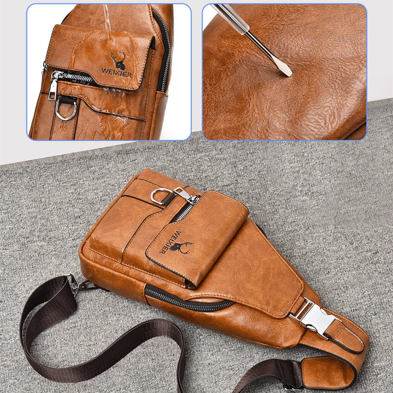 New PU Leather Crossbody Bag Vintage Casual Chest Bag Men Women Large Capacity Waterproof Sling Bag Simple Business Shoulder Bag