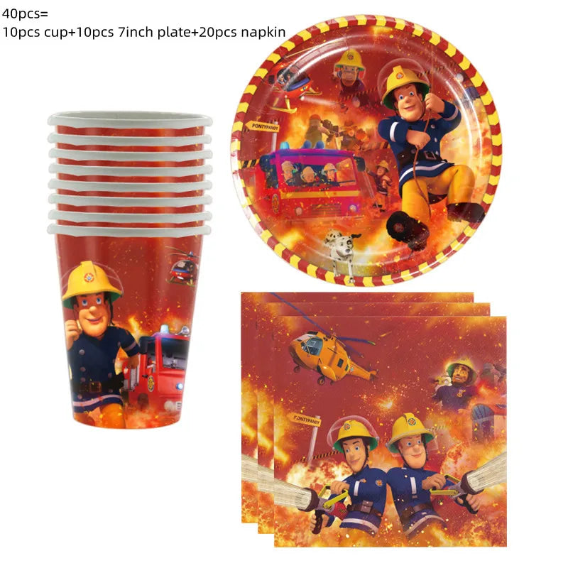 Fireman Sam Party Supplies Disposable Tableware Set Paper Plates Cups Tablecloth Fire Truck Birthday Party Decor Boys Baby Showe