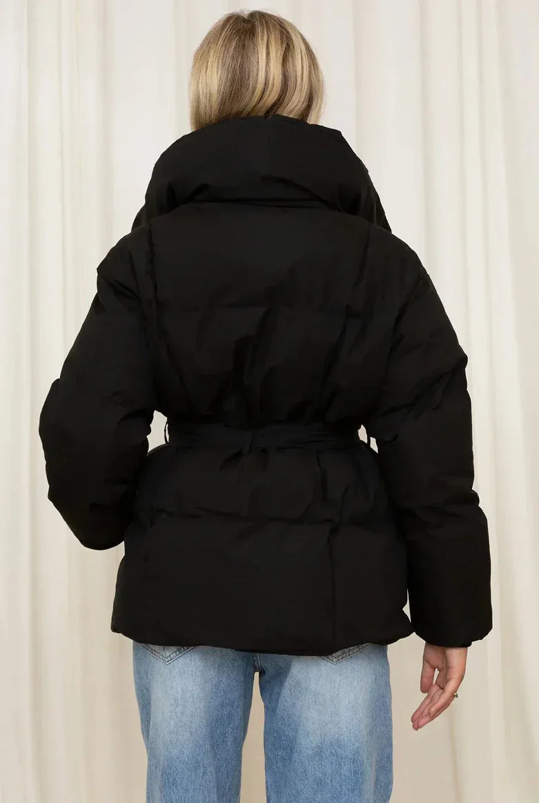 2025 Women's Clothing Parkas Warm-Weather Waist-Defining Long-Sleeve Tie-Waist Loose-Fit Solid-Color Fashionable Cotton Coat