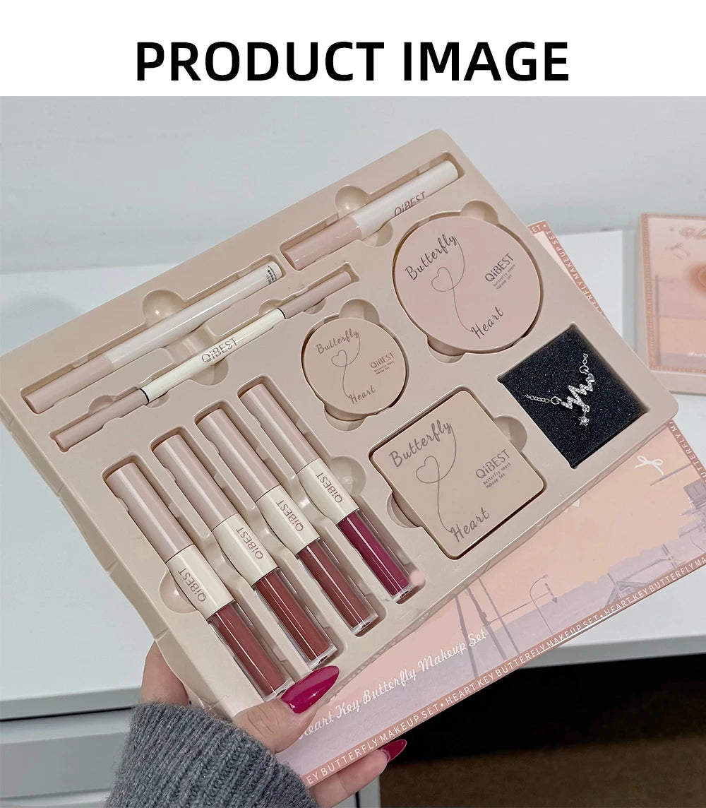 QIBEST Face Makeup Set 4pc Double End Lip Glaze, Pressed Powder,Blush,Eyeshadow, Eyebrow Pen,Eyeliner,Lip Oil Gift Cosmetics