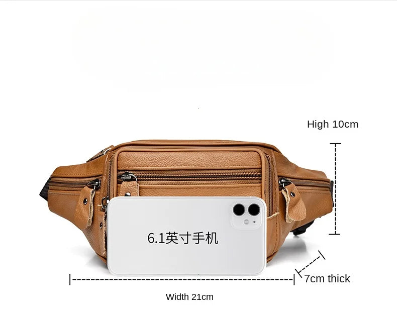 Large Capacity Waterproof PU Leather Men's Waist Bag Male Zipper Site Workers Travel Phone Bag Fanny Pack Men