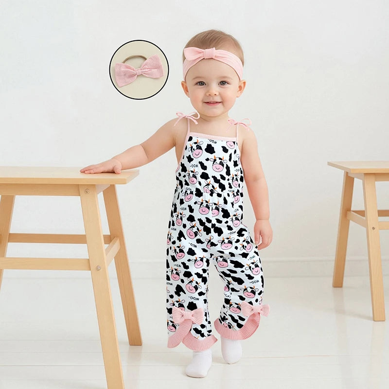 Adorable Infant Girl Floral Print Romper with Matching Headband Set for Summer Beach Vacation Outfit 2 Pcs Set