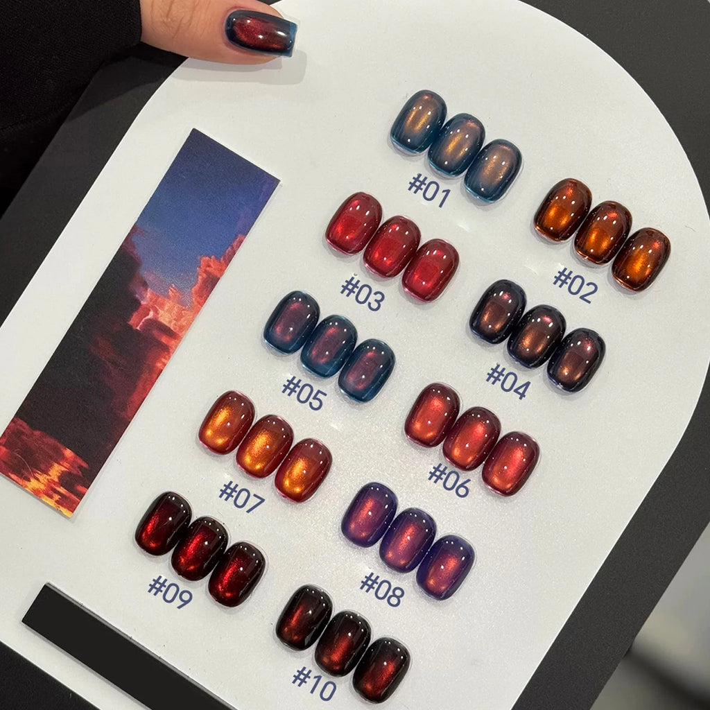 10ML 1-10PCS Sunrise Cat Eye Nail Glue Popular Winter Red Colors Silk Glass Bead Chasing Light Magnet Cat Eye Nail Polish Gel