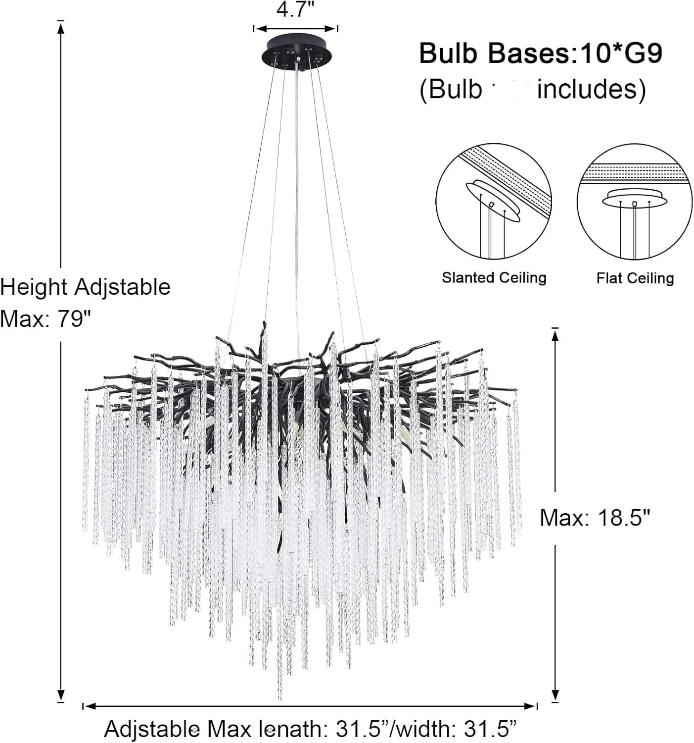 Long Crystal Branch Chandeliers For Dining Room Kitchen Table, Modern Black Crystal Hanging Chandelier Living Room Bedroom