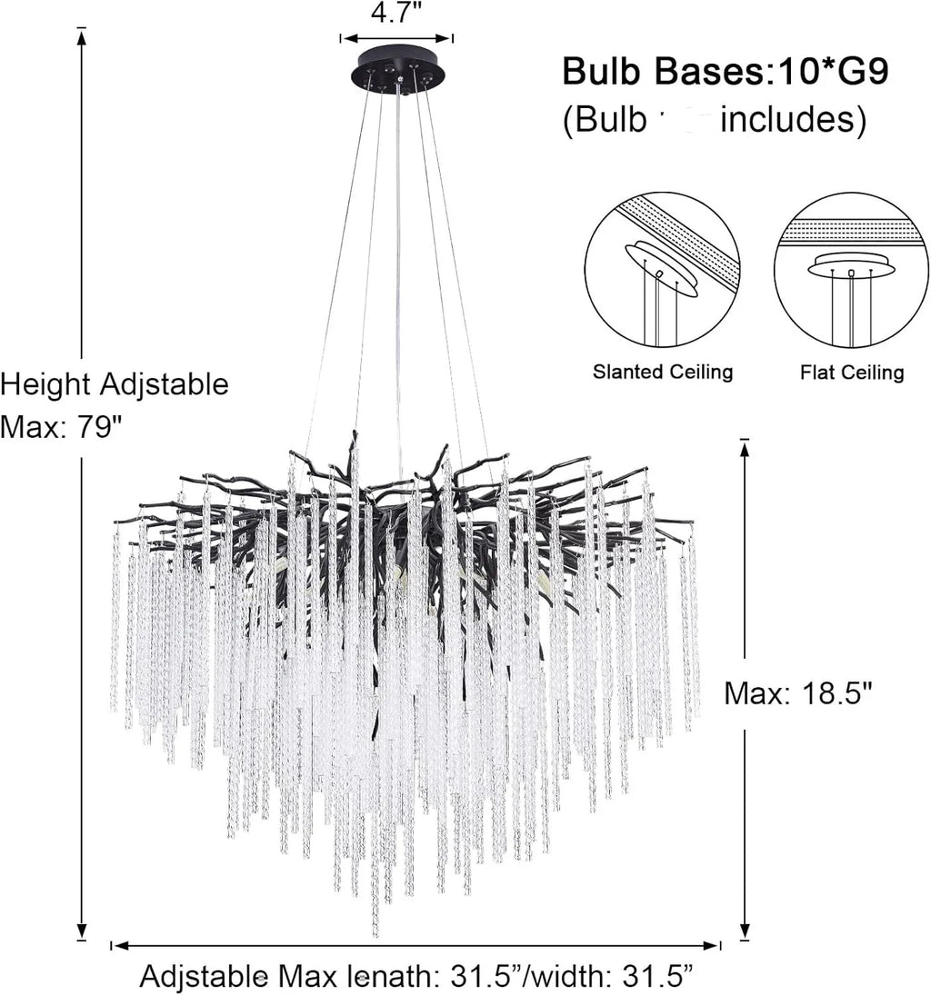 Long Crystal Branch Chandeliers For Dining Room Kitchen Table, Modern Black Crystal Hanging Chandelier Living Room Bedroom
