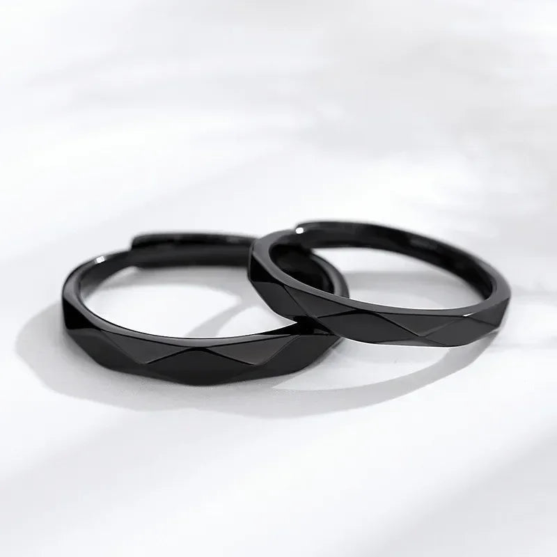 1Pair Simple Rhombus Couple Rings for Women Men Black Sliver Couple Goth Ring Luxury Opening Finger Ring Lover's Jewelry Gifts