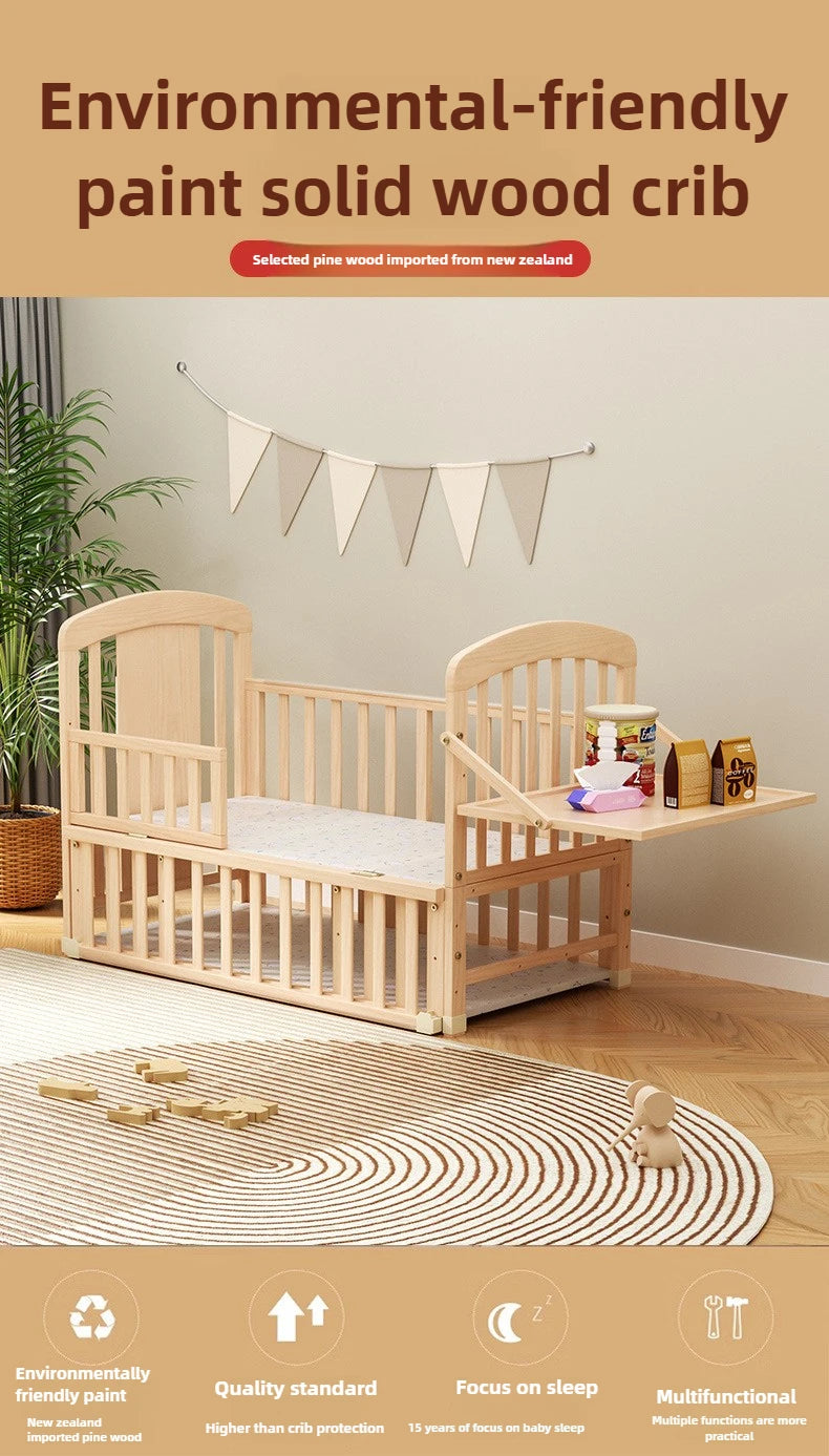 Baby Comfortable Sleeping Bed Solid Wood Newborn Baby Bed Multifunctional Baby Rocking Bed with Wheels and mosquito net