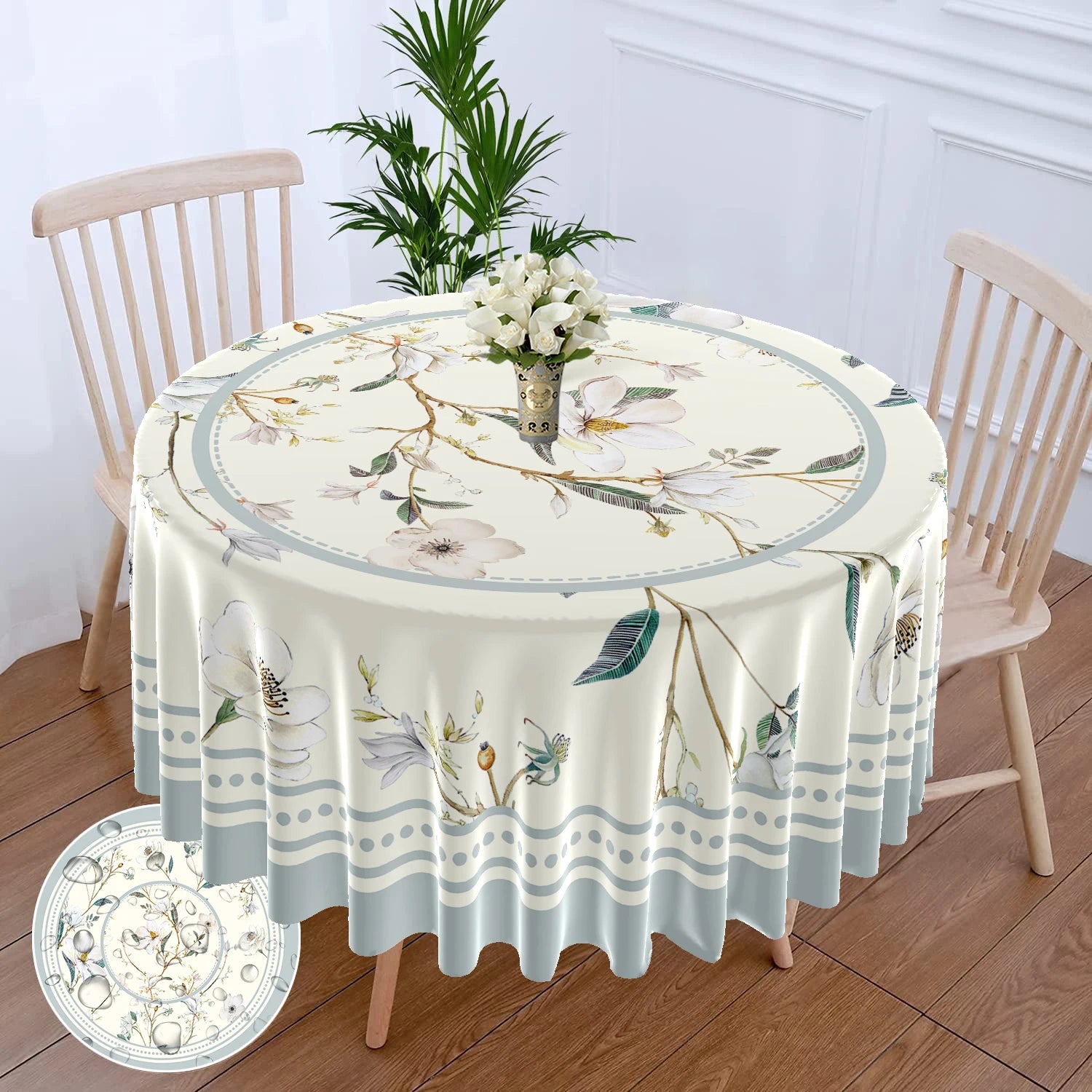 1 Piece Black White Checkered Circular Tablecloth Waterproof Dining Table Cover Lemon Bohemian Style 63 inch Tablecloth