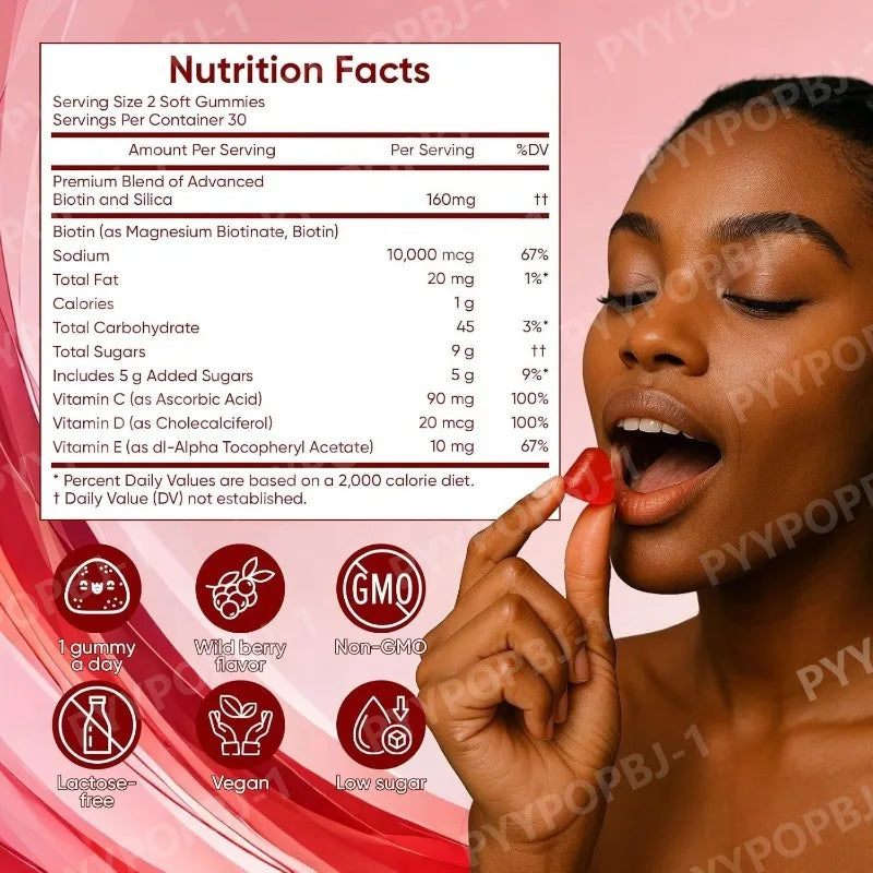 Women Hair Growth Vitamin Gummies Healthy Nourishment with Biotin Collagen Botanical Extracts Also for Skin Nail Care 60 Gummies