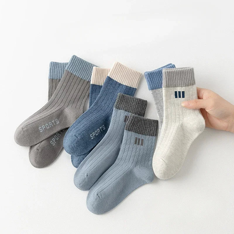 5-Pair Children's Socks for Boys Kids Mid-Calf Suitable for Spring Autumn and Winter Solid Color Student/Baby Boy School Style