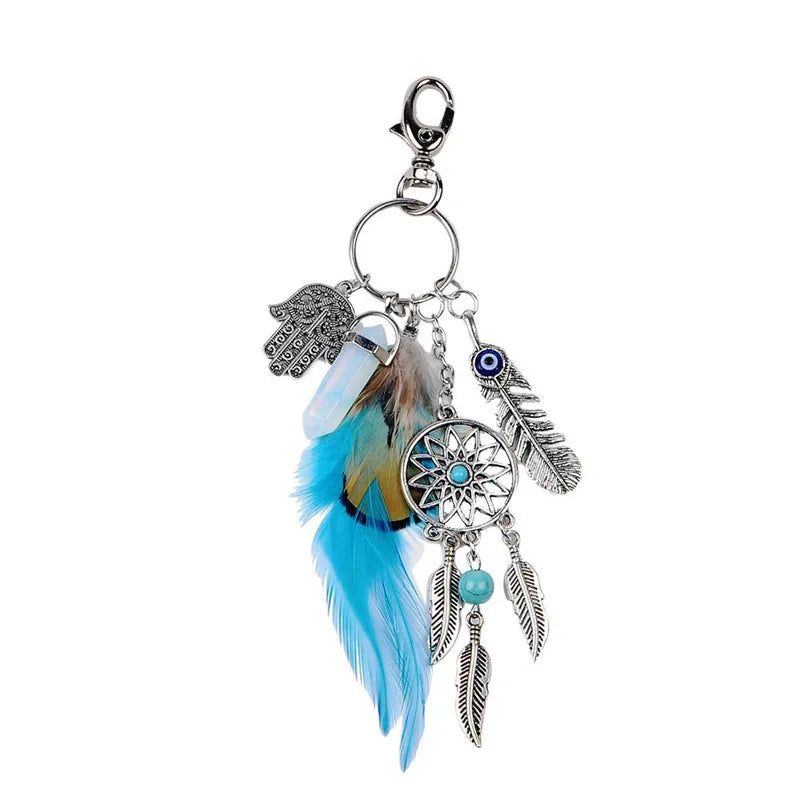 Handmade Craft Dreamnet Catcher Keychain Feather Tassel Jewelry Key Holder Dreamnet Pendant Car Wall Hanging Decoration B029