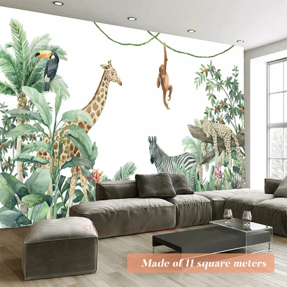 Baby Kids Room Decorative Wallpaper Jungle Animals Printed Wall Wallpapers For Nursery Room Renovation Elephant Giraffe Custom