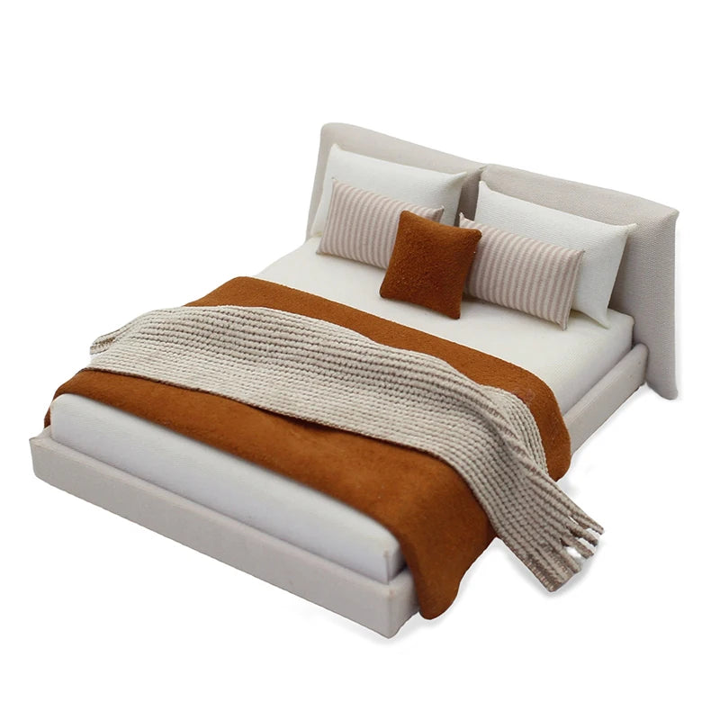Dollhouse Cream Color Double Bed Model For Bedroom Micro Landscape Scene Miniature Furniture Doll Accessories