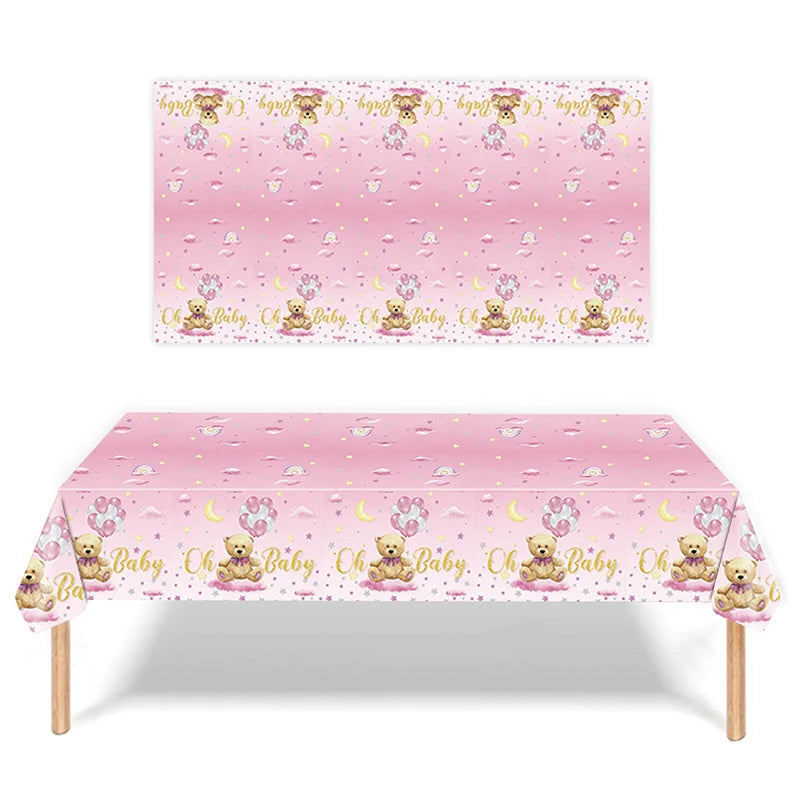 Cute Bear Disposable Tablecloth Blue Oh Baby Table Cover Boy Girl Baby Shower Party Decoration Kids Birthday Cartoon Tablecloth