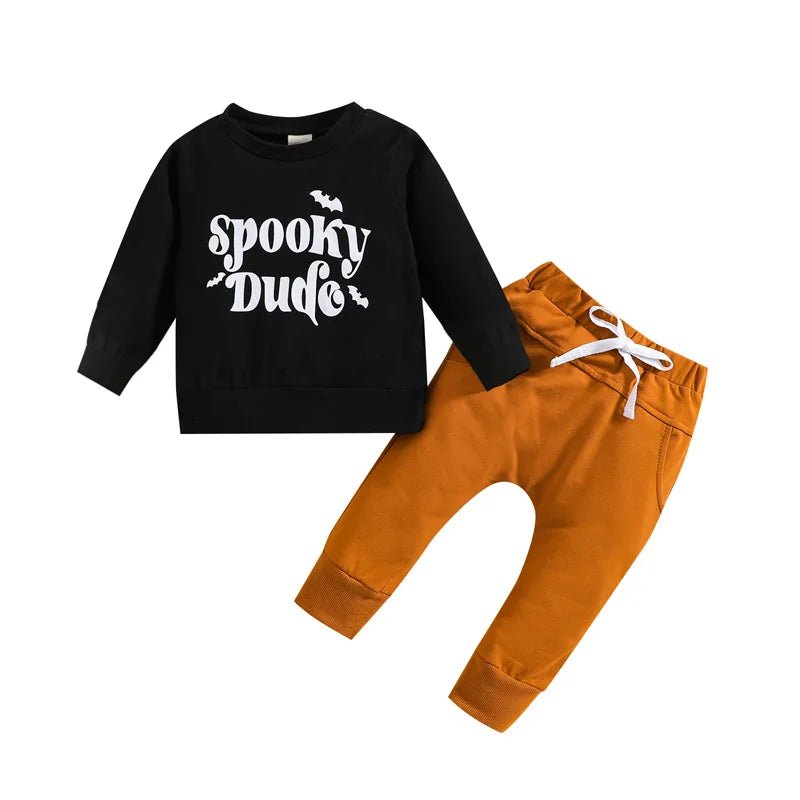 Toddler Boys Halloween Outfit Short Sleeve Round Neck Pumpkin Spider Print Tee with Jogger Pants and Hat Set