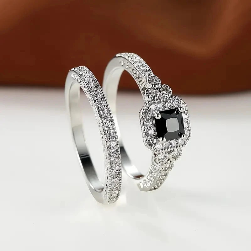 Huitan Vintage Black/White Cubic Zircon 2Pcs Set Rings for Women Anniversary Party Temperament Elegant Lady Accessories Jewelry
