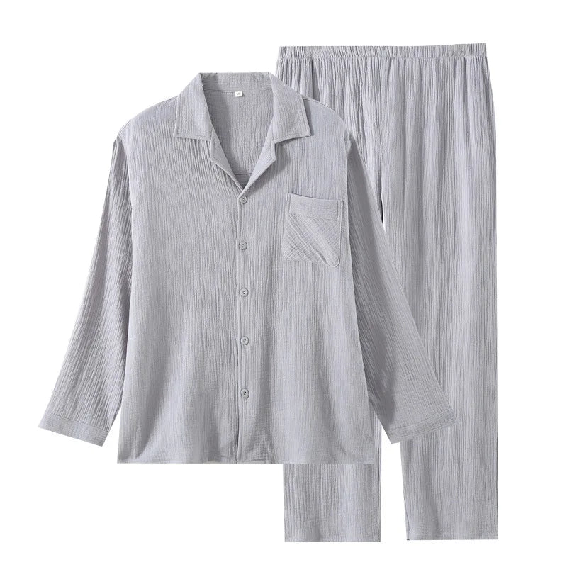 Men's Sleepwear Clothes for Spring and Autumn Cotton Double-layer Cardigan Loose Oversized Long Sleeved Pants Home Clothes