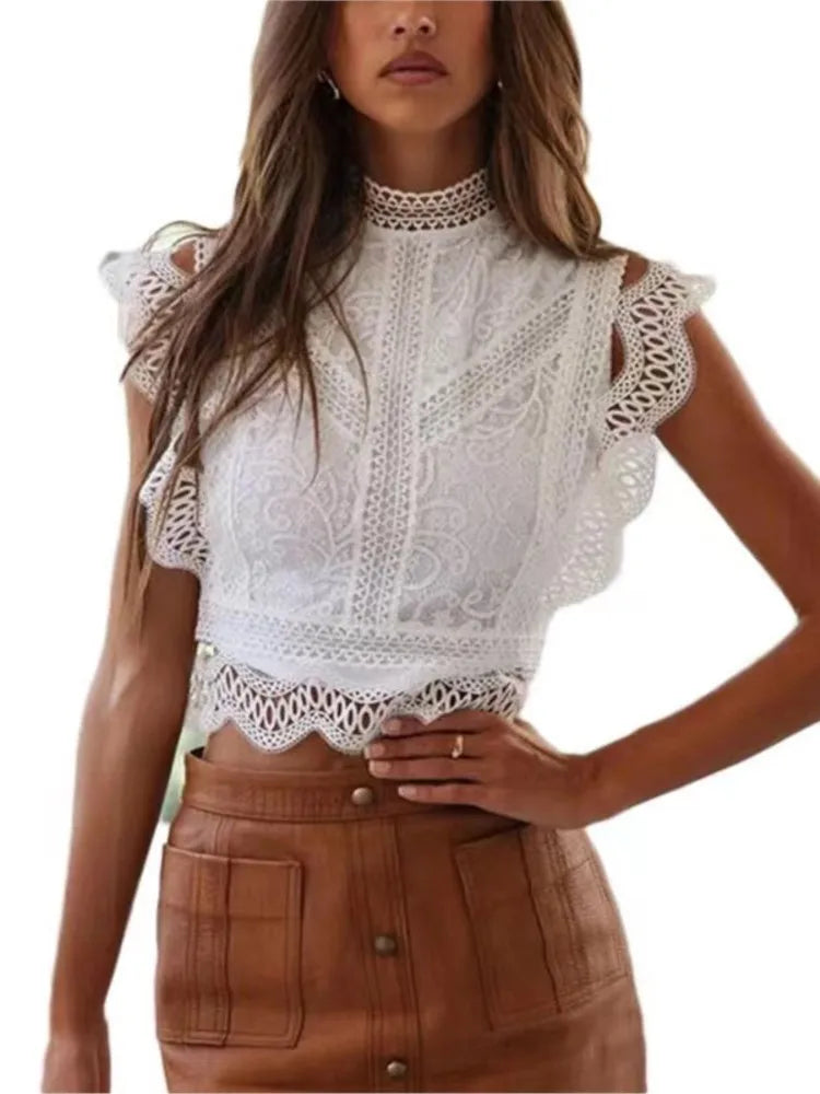 Summer Sexy Lace Hollowing Out Top Woman's Fashion Solid Color O-neck Sleeveless Blouses Ladies Foreign Styl Versatile Shirts