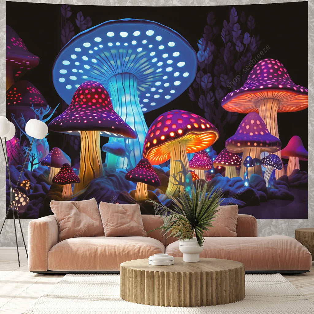 Fantasy Mushroom UV Reactive Tapestry Beautiful Floral Plant Tapestry Wall Hanging Gothic Home Wall Decor Room Decor Aesthetic