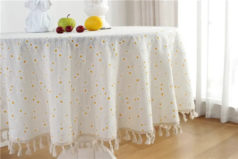Circular Table Cover for Kitchen Dinning Room Tabletop Decor Round Tablecloth Cotton Table Cloth with Tassel Dust-Proof Floret