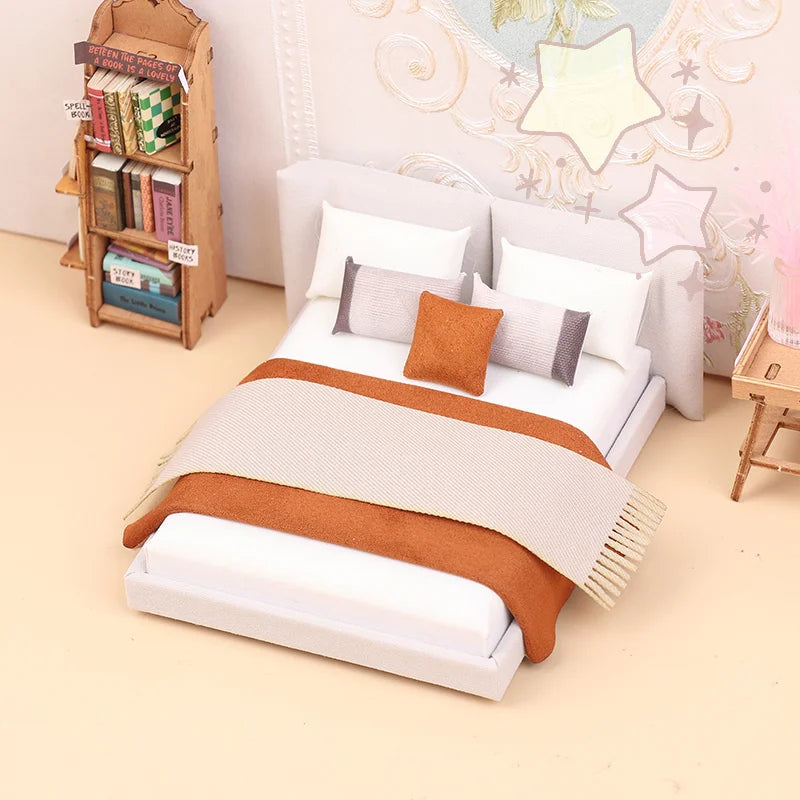 Dollhouse Cream Color Double Bed Model For Bedroom Micro Landscape Scene Miniature Furniture Doll Accessories