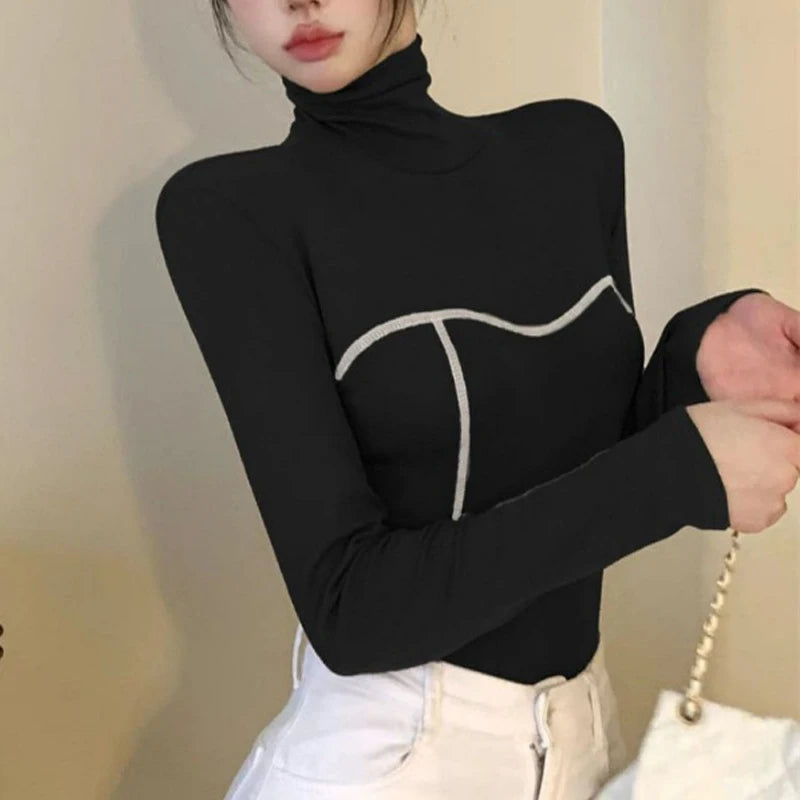 Women's Clothing Autumn Winter Korean Fashion High Collar Y2K Sexy Basic T-shirts Elegant Chic Black White Long Sleeve Slim Tops