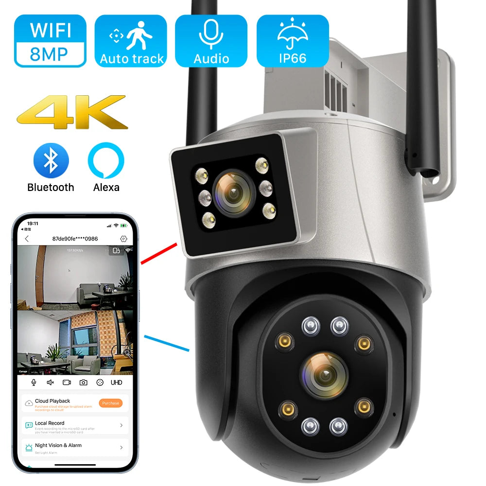8MP 4K Dual Lens PTZ IP Camera Outdoor Ai Human Detection CCTV Security Camera Color Night Vision Wifi Surveillance Camera ICsee