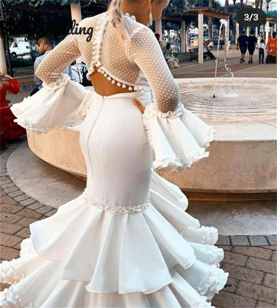 Ivory Mermaid  Prom Dresses Flamenca Formal Dance Dresses Fairy Long Sleeve Polka Dots Illusion Mesh Evening Dress Customized