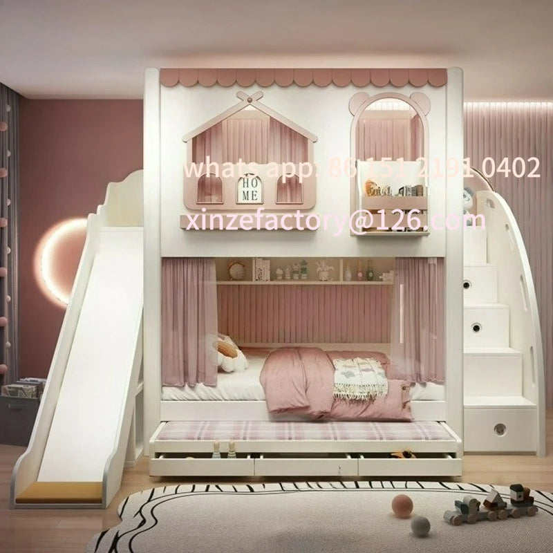 Customizable girl princess bunk bed two-story high-low sister high guardrail slide elevated bed