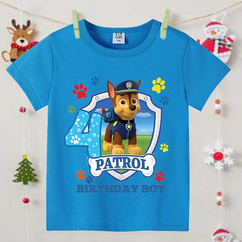 Paw Patrol Blue T-shirts for Boys Anime Cartoon Cute Birthday Clothing Children Summer Fashion Short Sleeved Shirt Kids Clothes